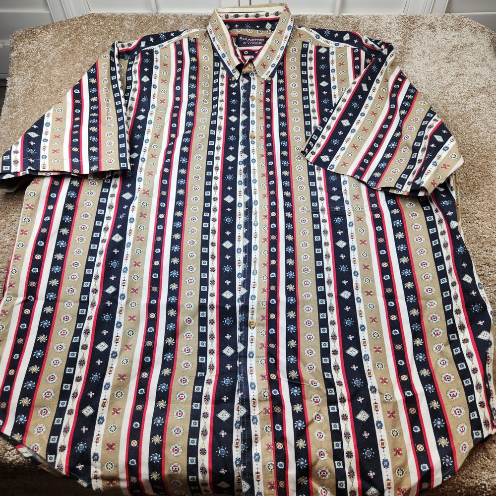Roundtree & Yorke Men XL Short Sleeve Button Down Shirt Striped Geometric Cotton